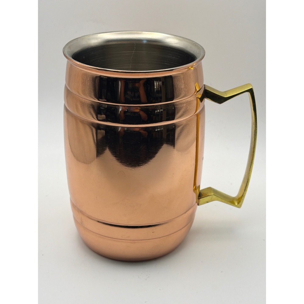 Copper Plated Barrel Mug Stainless Steel Lined Brass Handle Moscow Mule Cup